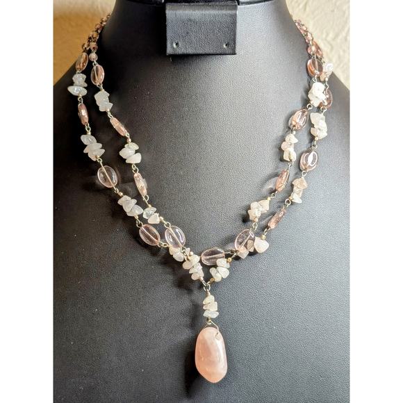 Robert Rose Pink Jadeite Quartz Chip Pink Glass Bead Double Strand Necklace - Picture 1 of 8